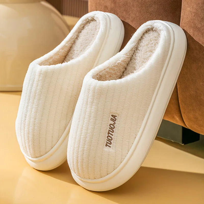 คู่รองเท้าแตะในร่ม Stripe Fluff หน่วยความจําโฟม Fluffy Eva Anti-skid Soft Heel Non Slip รองเท้าแตะ Plush ผู้หญิงฤดูหนาว Houseshoes