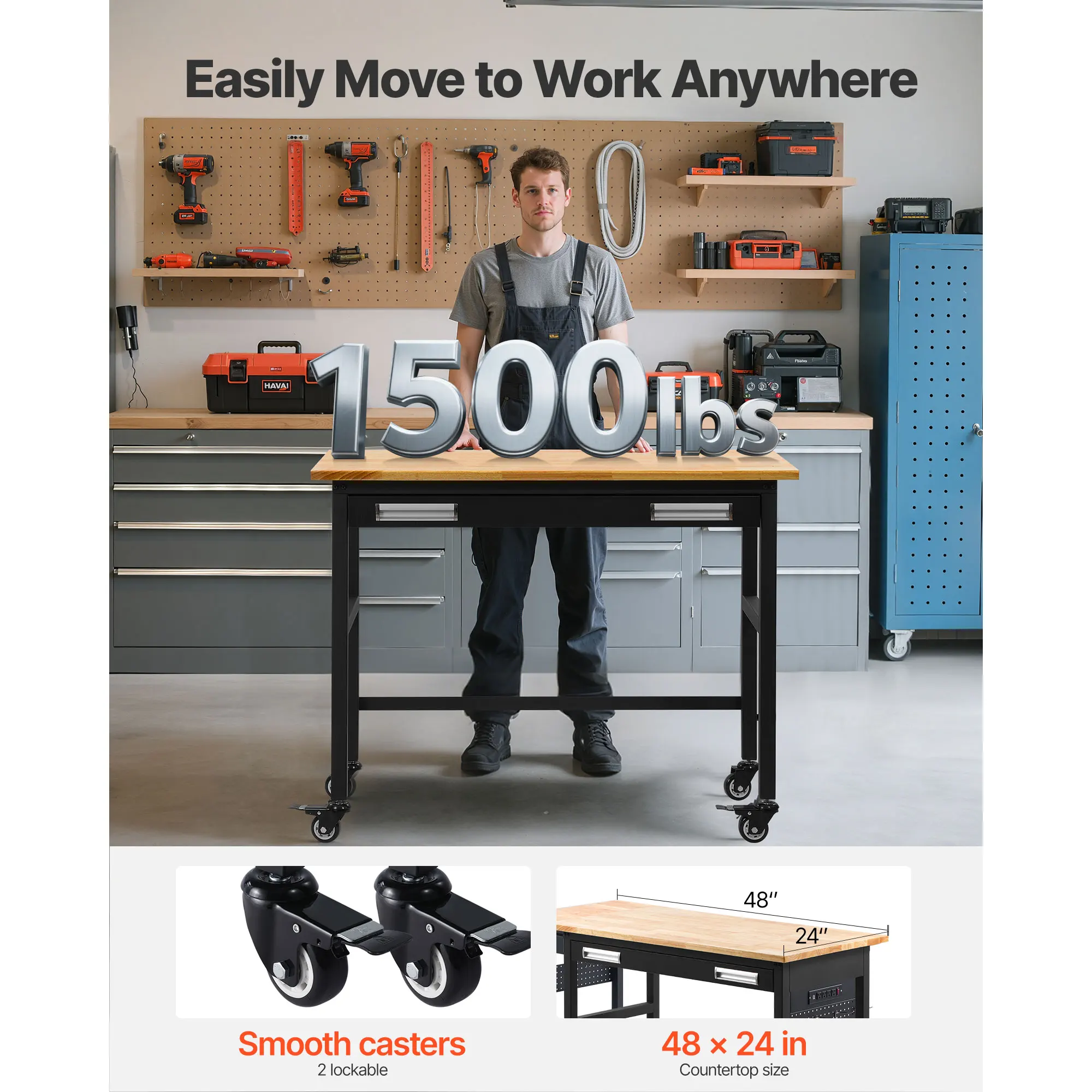 SucceBuy 1500 lbs Work Bench Rolling Garage Workbench on Wheels with Sliding Drawer Storage Oak Wood Top Work Table for Workshop