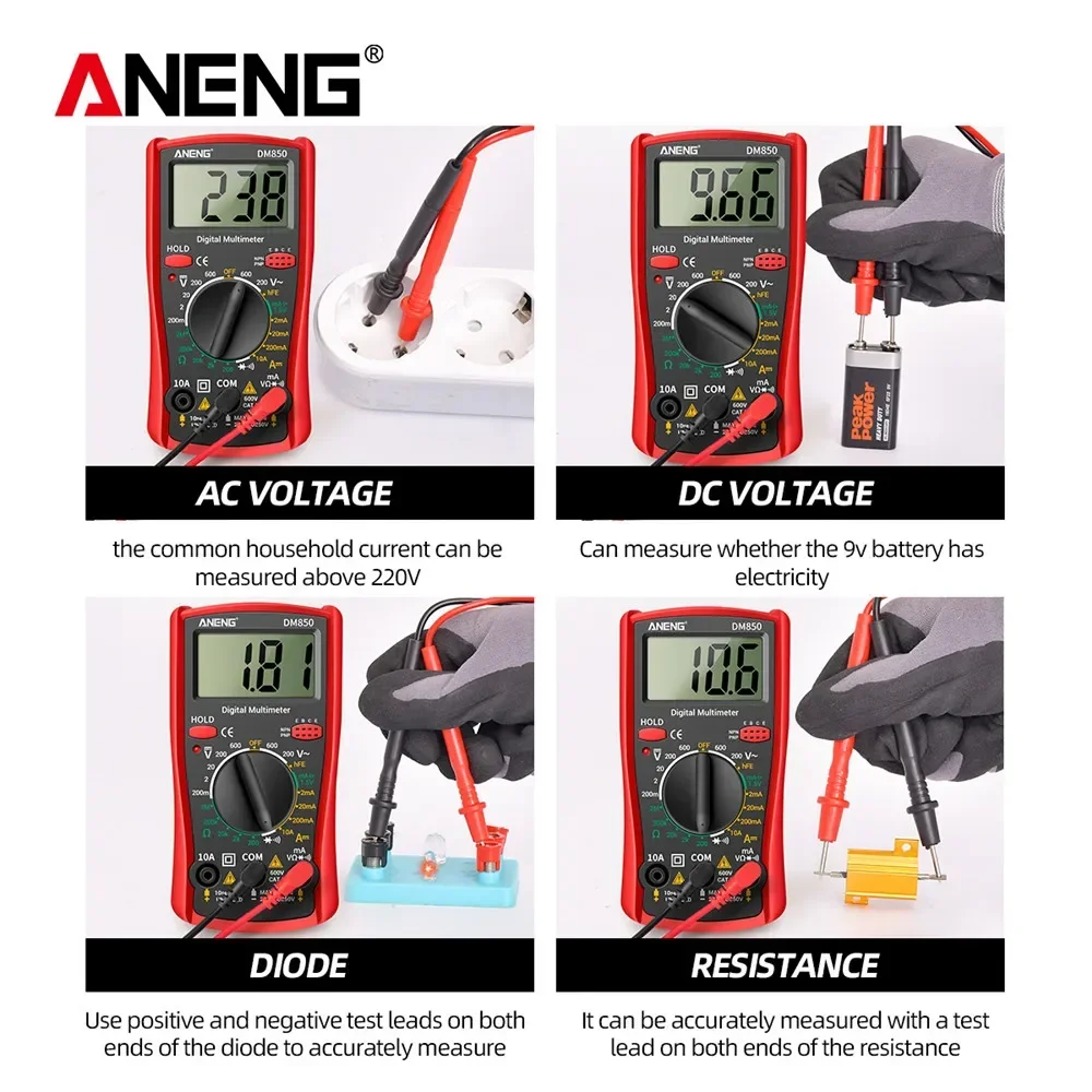 มัลติมิเตอร์แบบดิจิตอล Professional 1999 นับ ANENG DM850 AC/DC เครื่องทดสอบแรงดันไฟฟ้าอัตโนมัติ Ohm Ammeter เครื่องตรวจจับเครื่องมือ