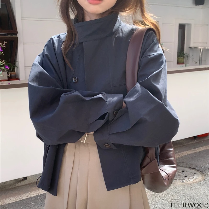 Casacos de blusão de algodão fino para mulheres, outerwear curto, blusão casual solto, manga comprida preguiçosa chique, Coréia