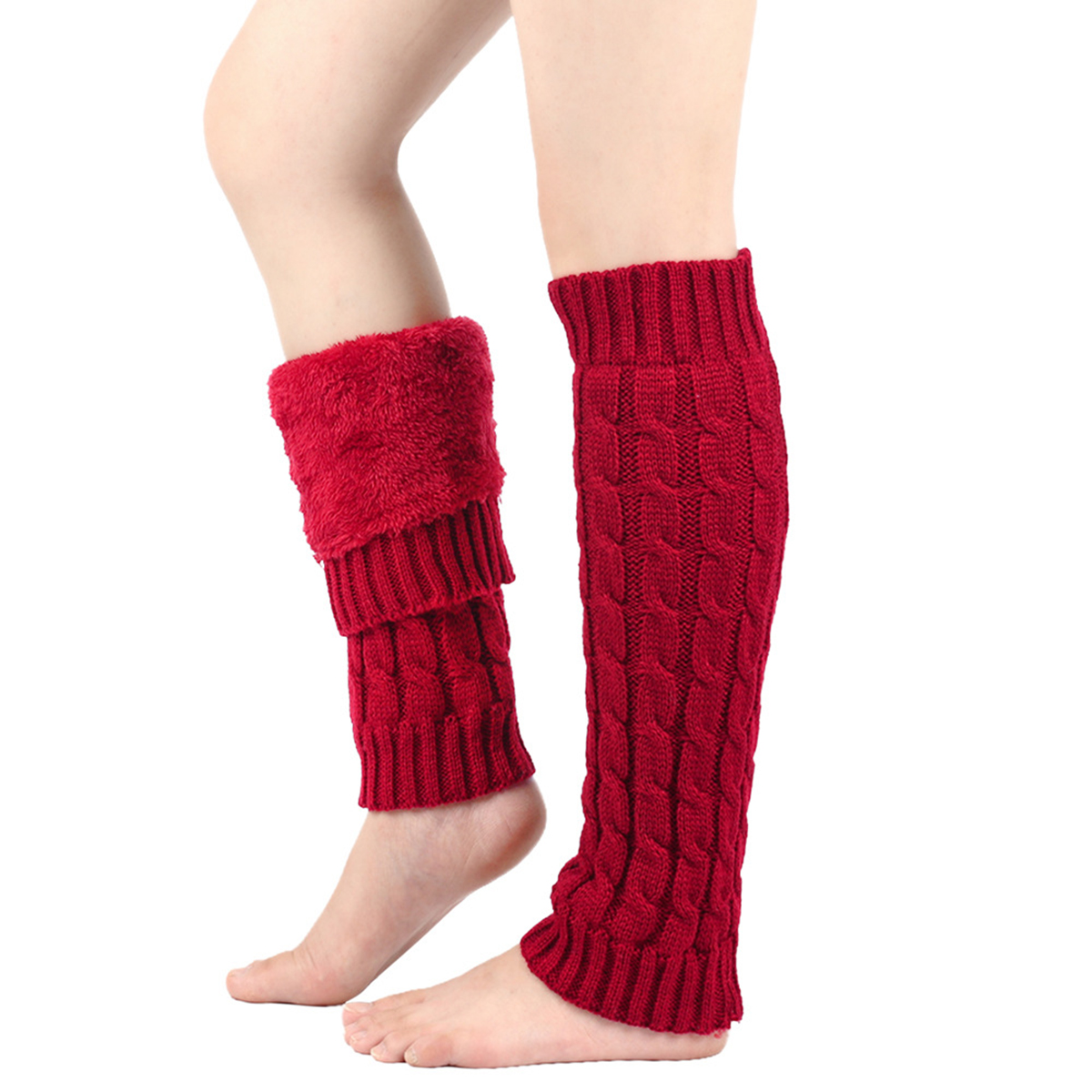 Womens Fleece Leg Warmer Autumn Winter Solid Color Braided Warm Leggings Knee Length Knitted Boot Socks Leg Sleeve