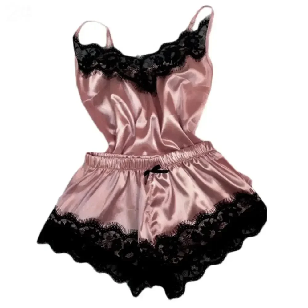 Conjunto de pijama de cetim de renda para mulheres pijamas com decote em v estiramento lingerie sexy cinta colete top shorts pijamas