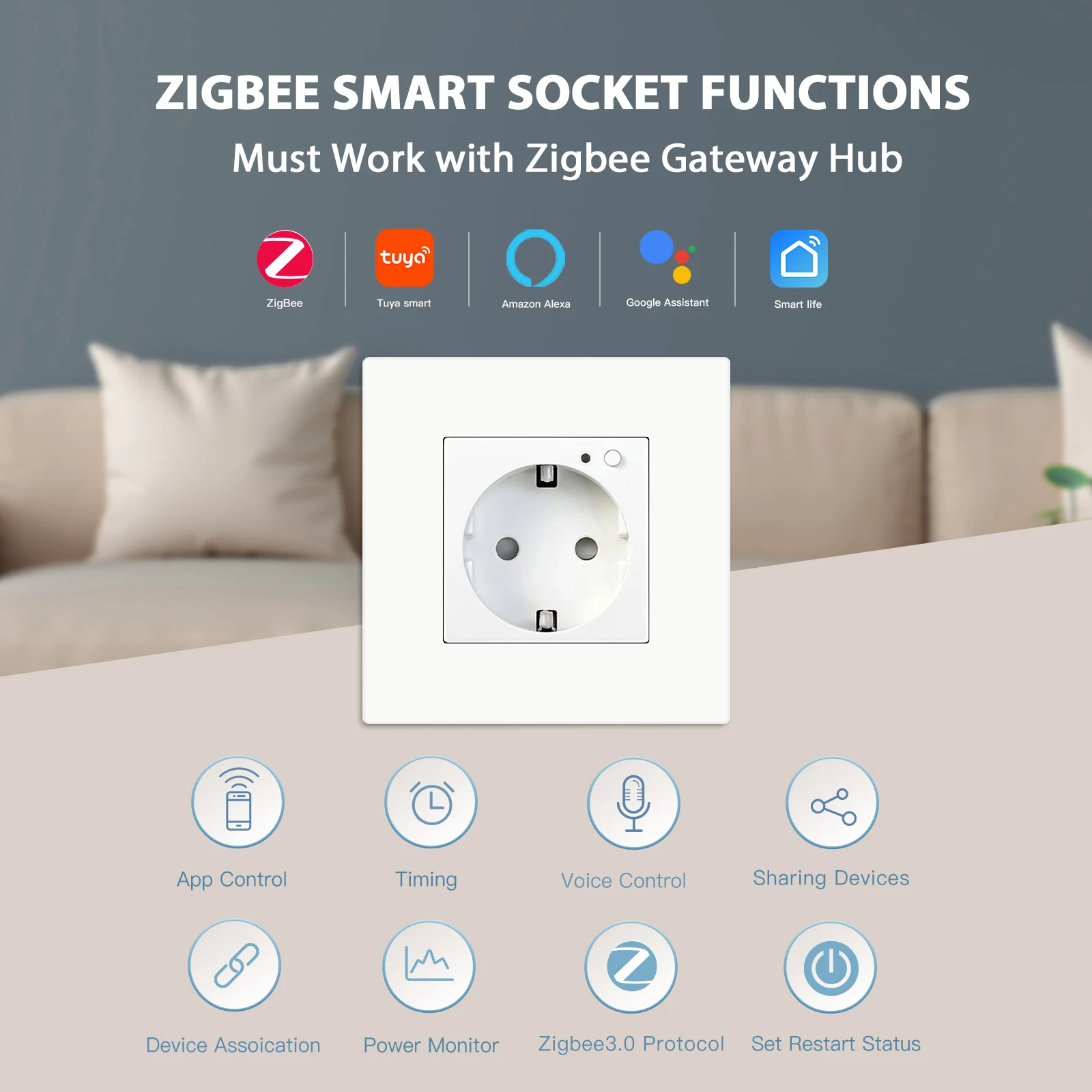 BSEED Одиночные настенные розетки ZigBee Монитор энергии Двойные розетки Smart Meter Приложение Google Smart Life Alexa Тройные розетки Пластик европейского стандарта