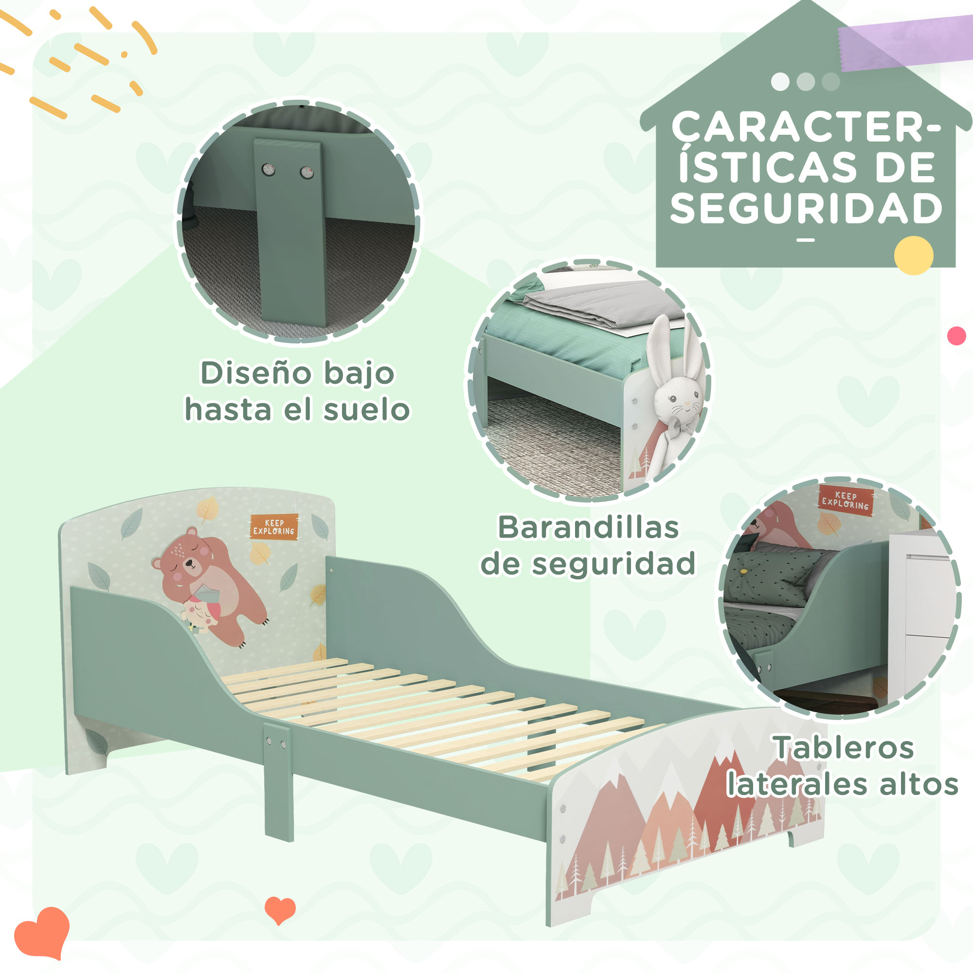 ZONEKIZ Cama Infantil de Madera 143x77x60 cm para Niños de 3-6 Años Carga 40 kg