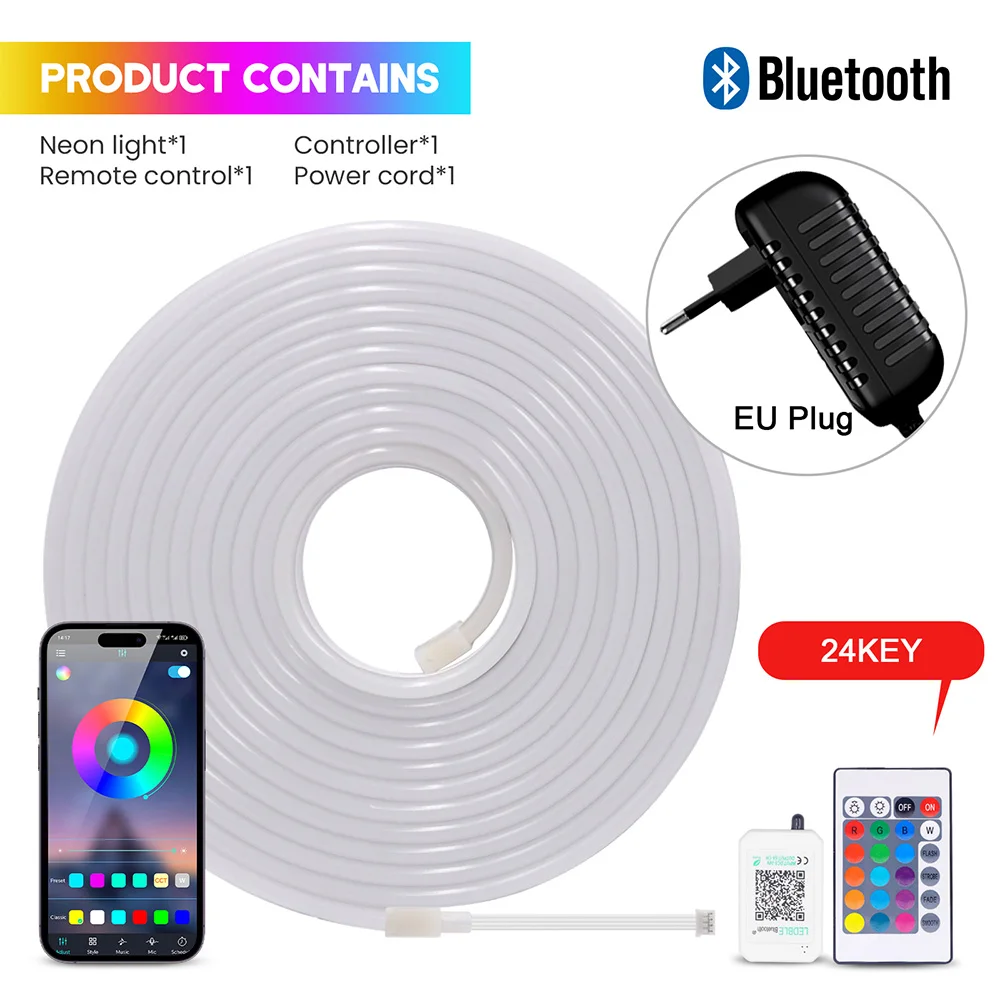 24V RGB 5m 10m 20m 30m LED Neon Strip Light Bluetooth APP 24key 44key Remote Control Music Sync Power Kit 60LED Waterproof Decor