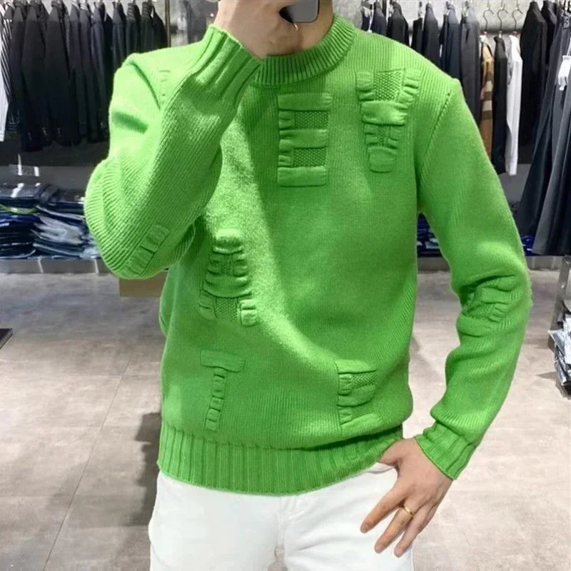 Suéter de punto verde para hombre, jerseys lisos de Color sólido, moda coreana, jerséis clásicos, Overfit calentado