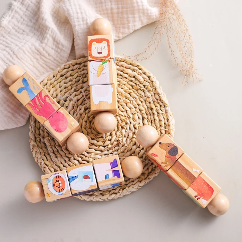 1pc Baby Wooden Rotating Rattle Animal Matching Building Blocks Newborn Soothing Toy Rotating Puzzle Montessori Toys for Babys