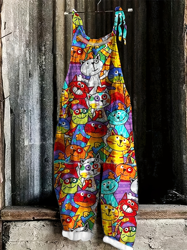 Новинка 2023 года, весенне-летний комбинезон с лямкой на шее, женский забавный пуловер с принтом кота, брюки с лямкой на шее, повседневный свободный комбинезон с высокой талией