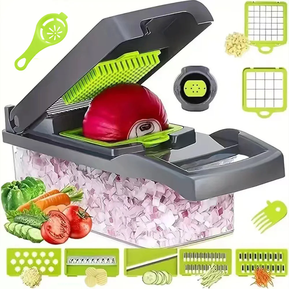 Picador de vegetais multifuncional 16 em 1, alça ralador de alimentos, separador de líquido de ovo, descascador, fatiador de vegetais, cortador de cozinha