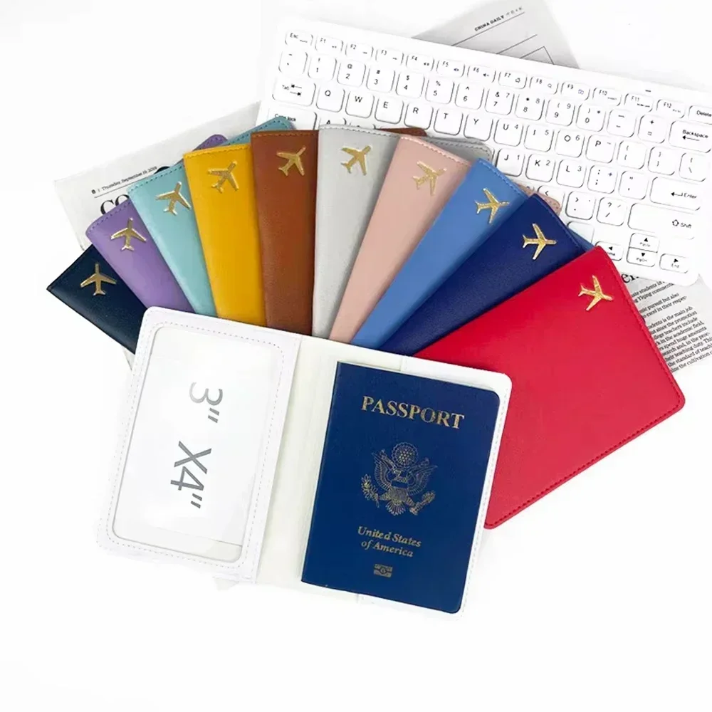Capa porta-passaporte para homens e mulheres, unissex, dourada, avião, acessório de viagem, leve, à prova d'água, bloqueio rfid, suporte fino