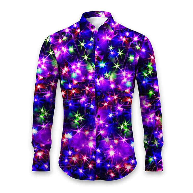 2024 New 3D Printing Color Athleisure Fashion Comfortable Shirt Mens Long Sleeve Buttons Cool Glossy Pattern Festive Shirt Men