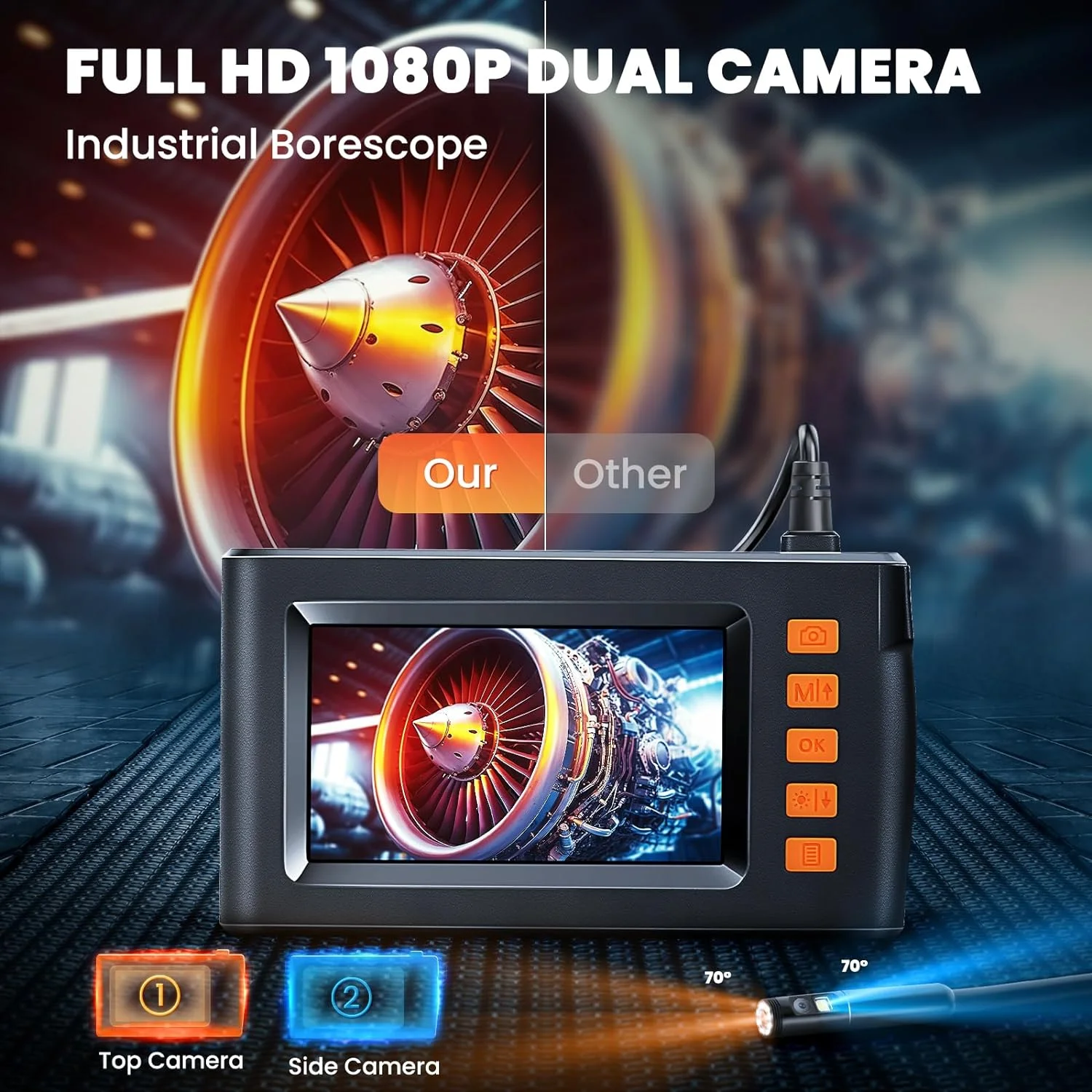 Câmera endoscópica de lente dupla, câmera de cobra semi-rígida com 8 luzes LED, 4.3 "IPS 1080P, câmera de esgoto para parede de tubos automotivos