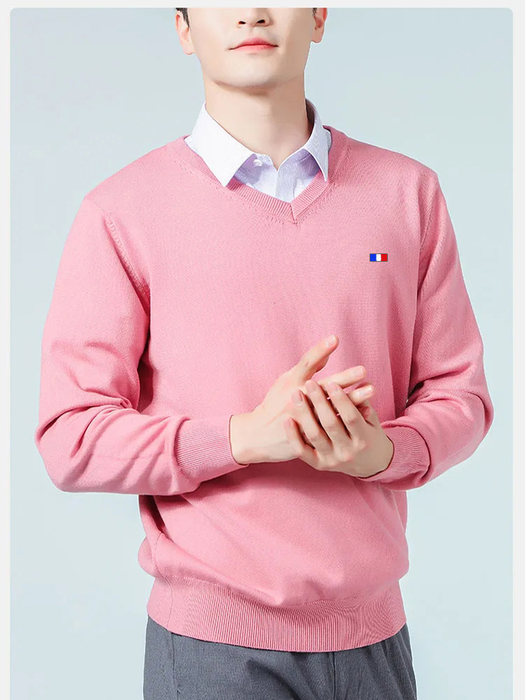 Venda quente camisola masculina com decote em v manga longa pullovers cor sólida roupas padrão masculino cashmere tricô jumpers