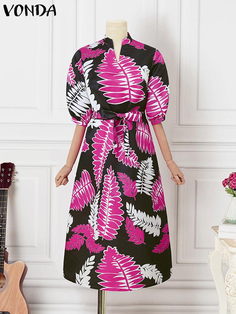 Plus Size 5xl Vonda Maxi langes Kleid Sommer V-Ausschnitt gedruckt Puff ärmel Kleid Frauen Sommerkleid lässig Gürtel Robe Vestido