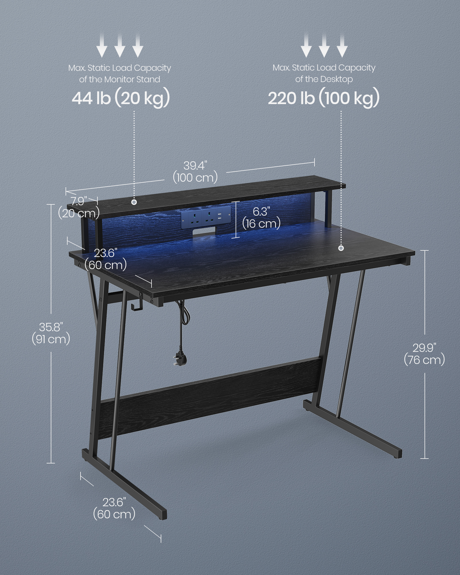 VASAGLE Gaming Desk with LED Lights and Built-In Power Outlets, Computer Desk with Monitor Shelf, Gaming Table