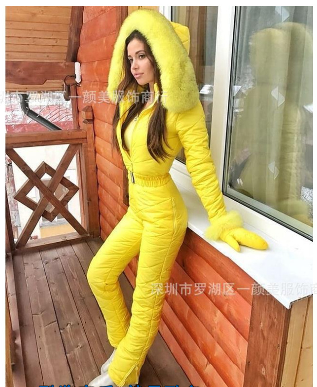 Roupa de esqui, macacão de temperamento quente, macacão feminino com capuz de outono e inverno, moda esportiva feminina de cor sólida
