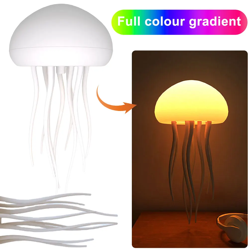 Lampada da comodino con meduse danzanti a forma di cartone animato, sfumata RGB, lampada da comodino con meduse carine, controllo vocale, lampada da notte a LED di ricarica di tipo C