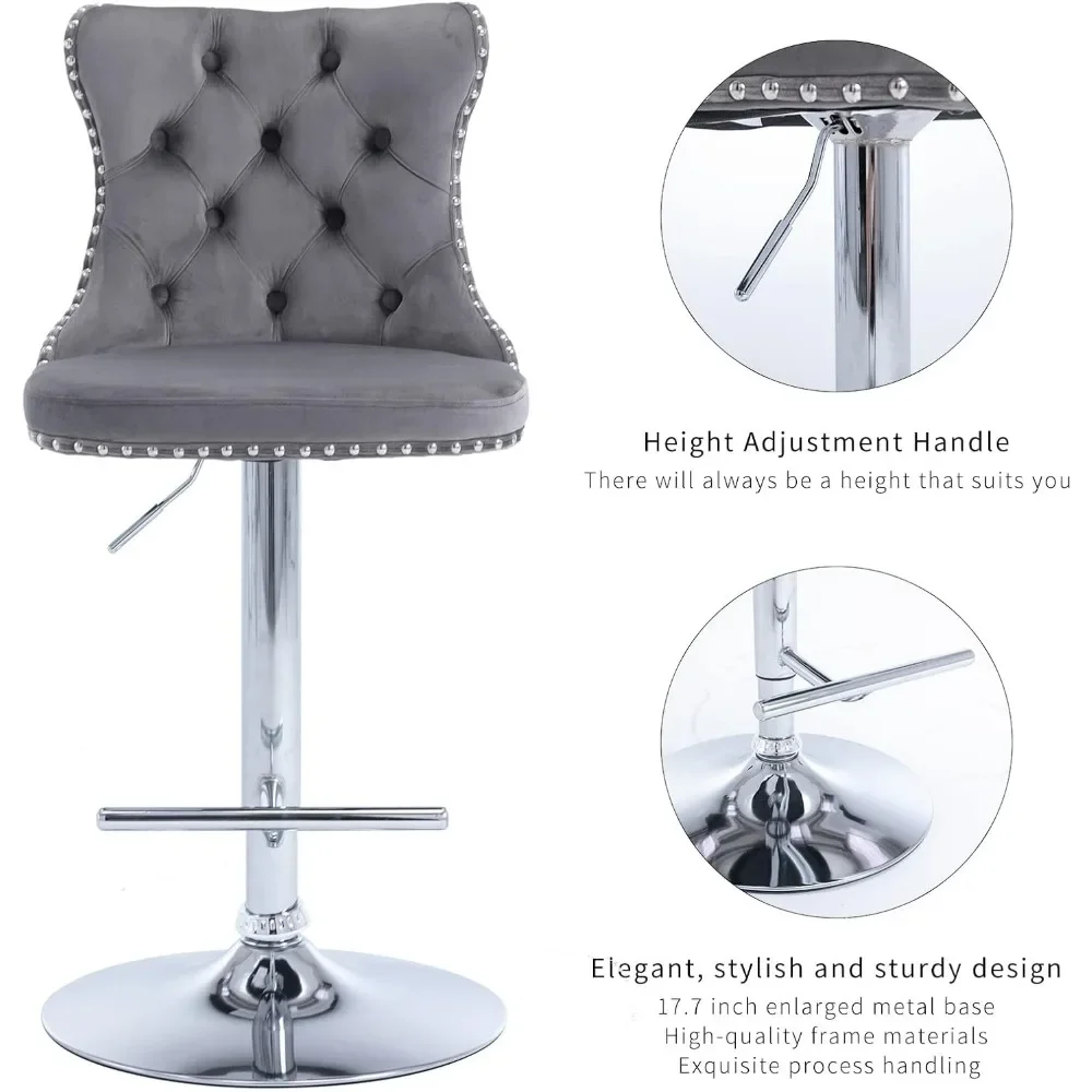 Set of 4 Gray Velvet Adjustable Swivel Bar Stools with Counter Height, Tufted Backrest, and Nailhead Trim for Kitchen Use
