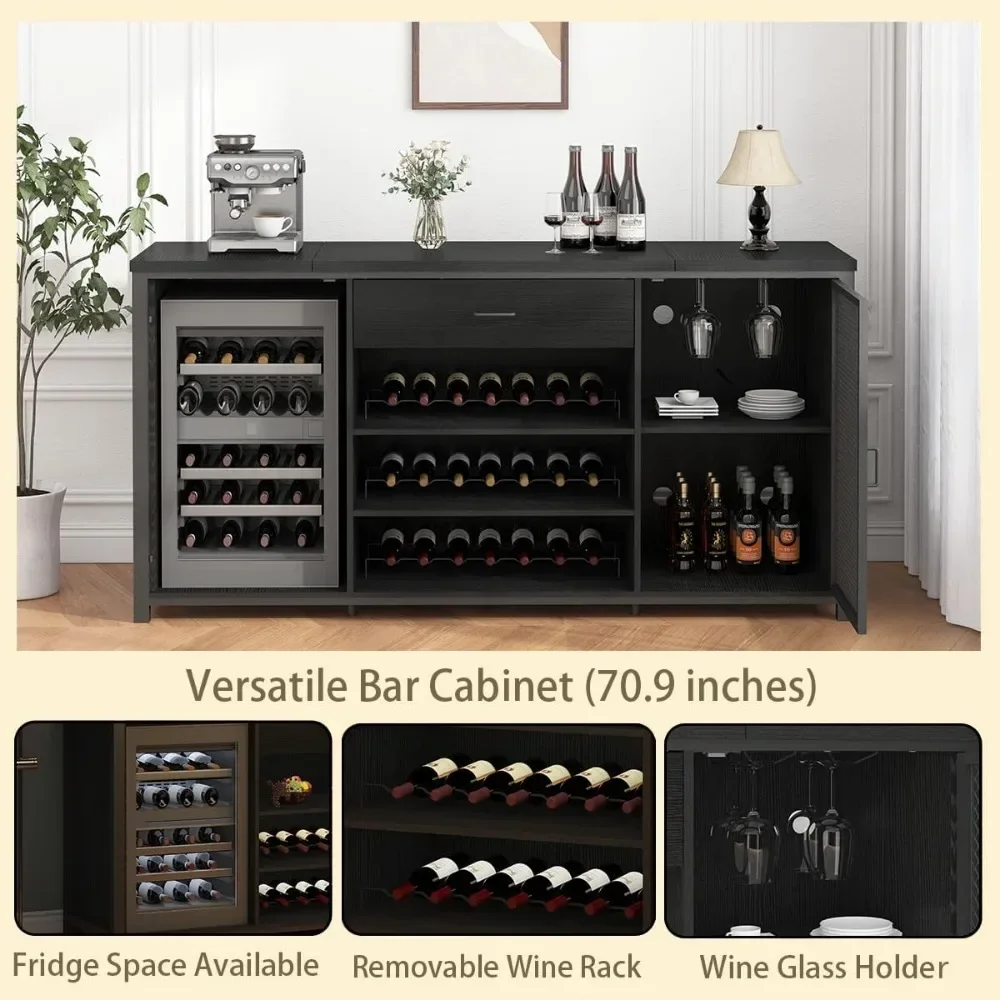 Coffee Bar Cabinet with Fridge Space, Modern Wood Metal Large Wine Liquor Cabinet with Rack, Big Wide Sideboard Buffet