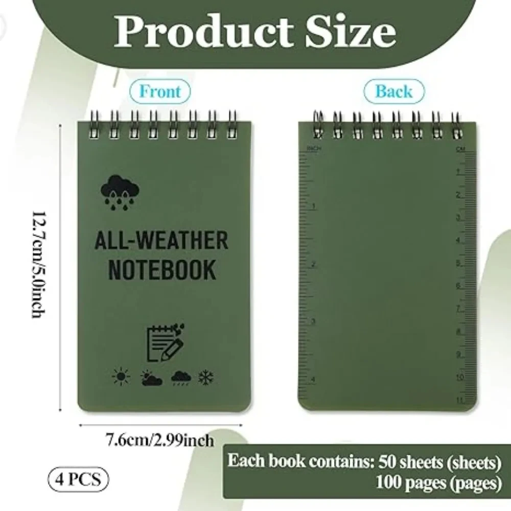 Bloco de notas tático para todos os climas, caderno de bolso à prova d'água com páginas forradas, mini bloco de notas em espiral