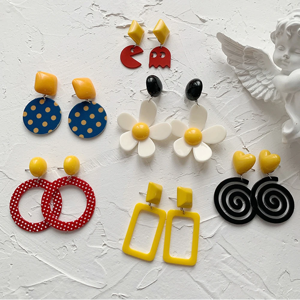 Anting Panjang Polka Dot Besar Wanita Bulat Resin Akrilik Giwang Telinga Anting Menjuntai Anting Menjuntai
