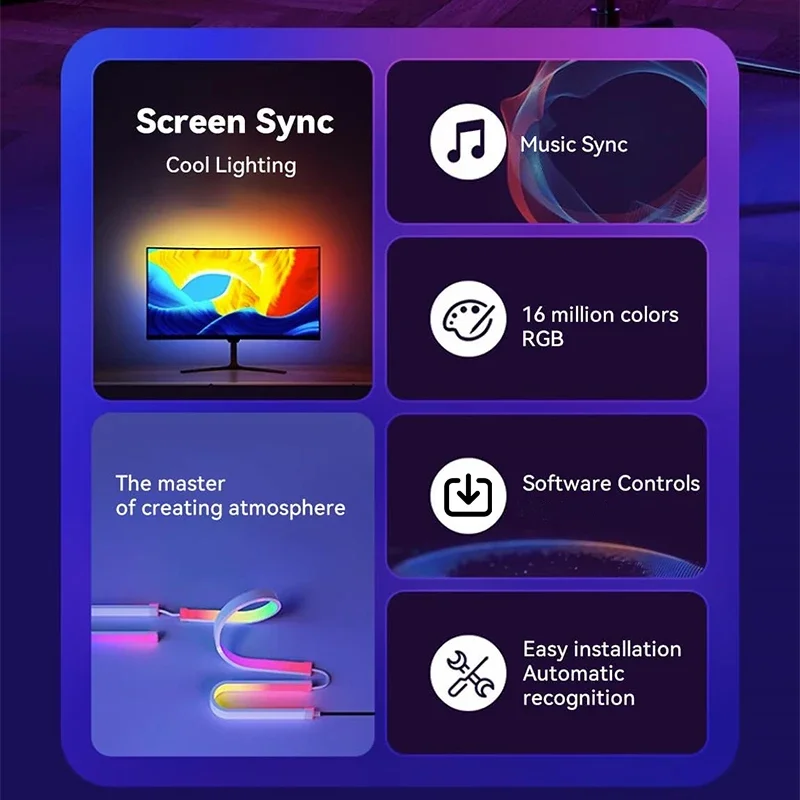 Smart Ambient PC Display Sync Computer Monitor Backlight LED Strip Light RGB Color DIY Game Holiday Atmosphere Decor Lamp