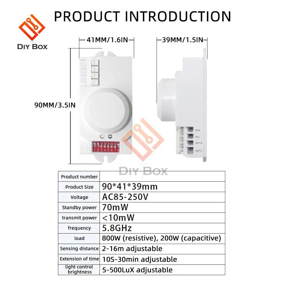 Interruptor de Sensor de Radar de microondas de 5,8 GHz, interruptor DIP/interruptor de perilla para ajustar el Sensor de movimiento PIR AC85-250V
