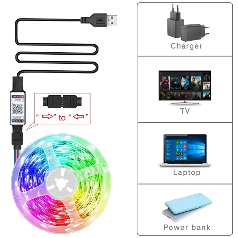 Luci a LED per TV Striscia LED RGB Controllo Bluetooth 5V Nastro LED USB Nastro flessibile per la decorazione della stanza di retroilluminazione della TV