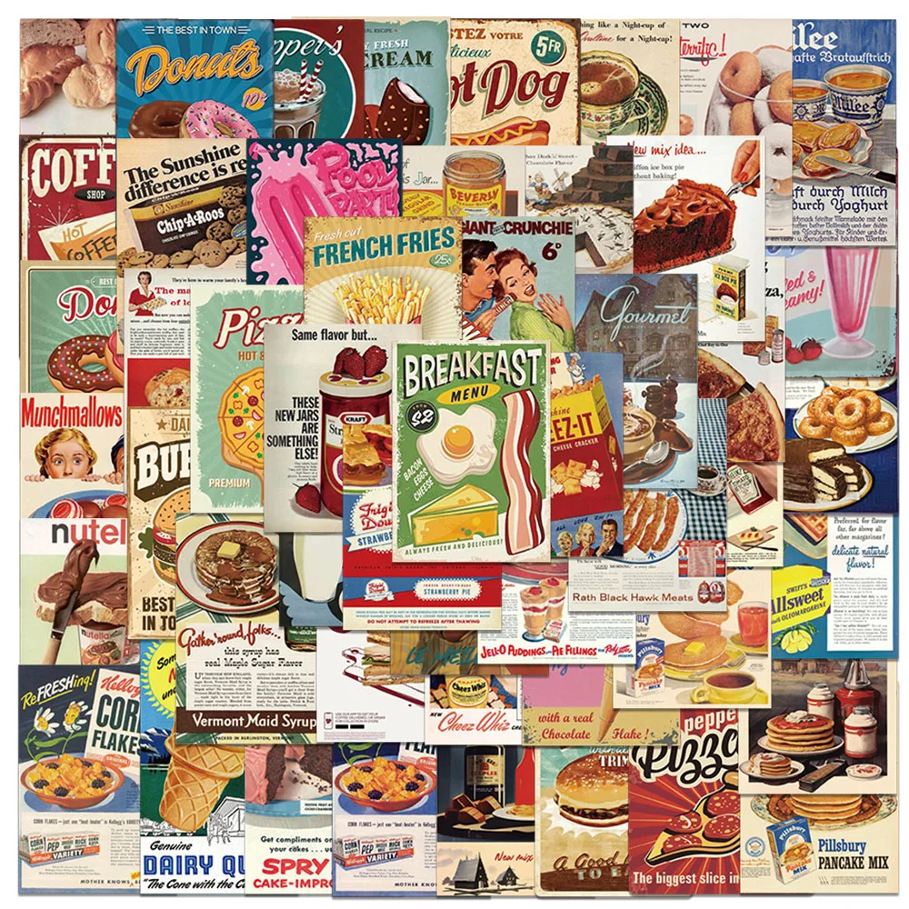 50 Uds. De pegatinas estéticas Vintage de comida, pegatinas de dibujos animados para Pizza, leche, café, hamburguesa, aperitivos, portátil, equipaje, guitarra, diario, calcomanías de vinilo