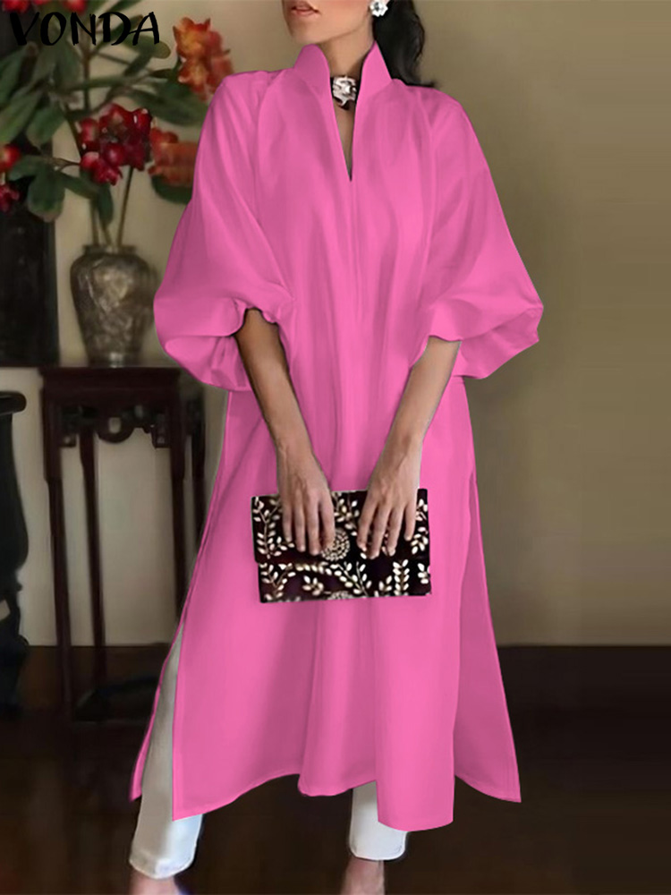 プラスサイズ 5XL VONDA 女性オフィスドレス 2025 ロングマキシサンドレスカジュアル無地エレガントな弾性ルーズ A ラインドレス Vestidos