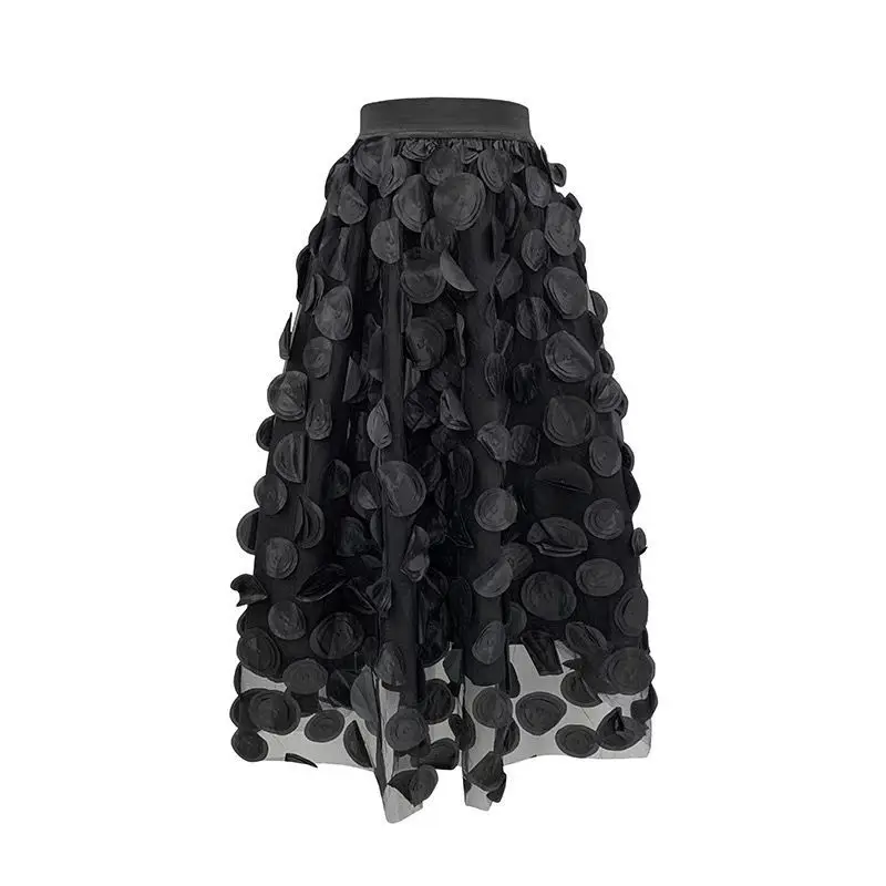 Gonna da donna in rete di tulle con design 3D a pois Gonna tutu lunga a trapezio con elastico in vita vintage