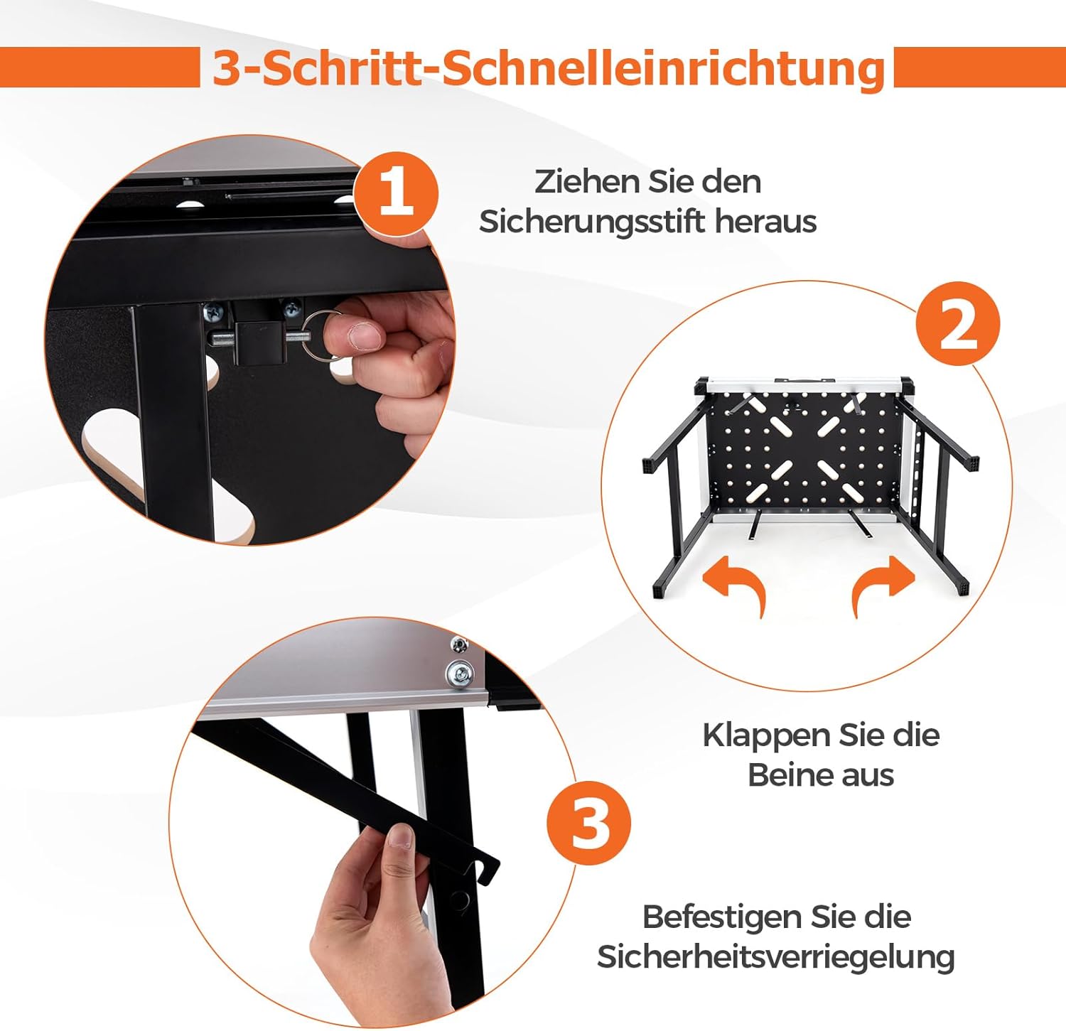Table de travail pliante avec cadre en métal, établi avec 2 pinces rapides, 4 crochets de serrage, 3 boîtes à outils