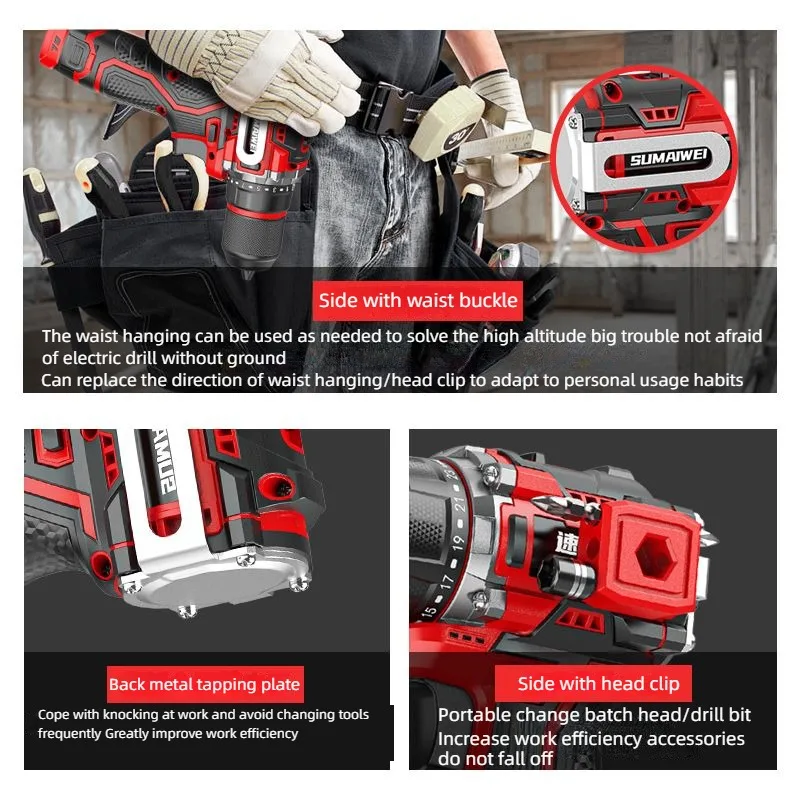 Perceuse électrique sans balais, perceuse à percussion sans fil à tarauder, mandrin à cliquet en métal, perceuse à main électrique, tournevis électrique domestique