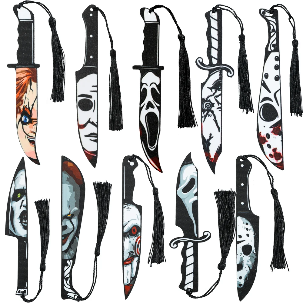 Marcapáginas con cuchillo de personaje de película de terror, acrílico con borla, accesorio de lectura para fanáticos de la película de terror, marcapáginas, regalo, papelería de estudio