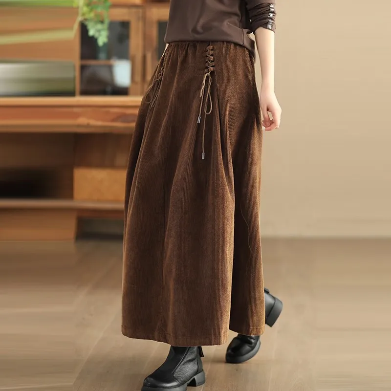 Falda de pana de cintura alta para mujer, novedad de Otoño de 2024, estilo Vintage, básicos de Color sólido, faldas largas informales para mujer B3967