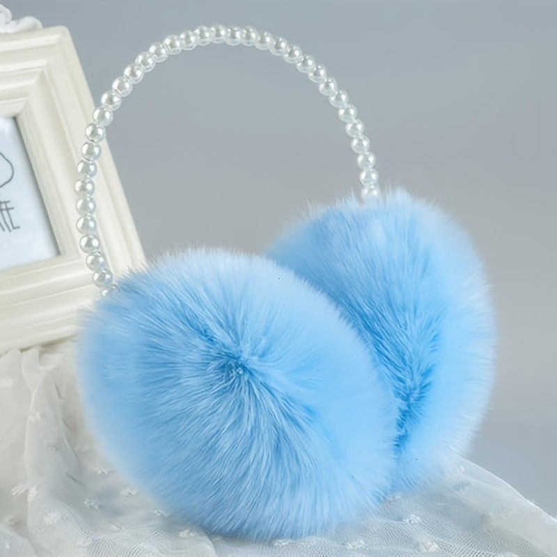 Diadema de felpa con aro de perlas de imitación, orejeras mullidas elegantes de Color sólido, calentador de orejas grueso a prueba de frío para mujeres y niñas