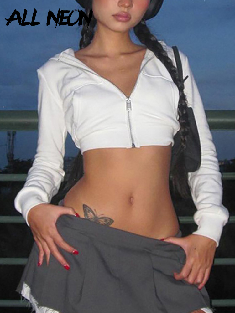 ALLNeon Y2K Ästhetische Vintage Basic Zip Up Weiß Kurze Hoodies 2000er Jahre Mode Große Taschen Vorne Kapuze Langarm Sweats Niedlich