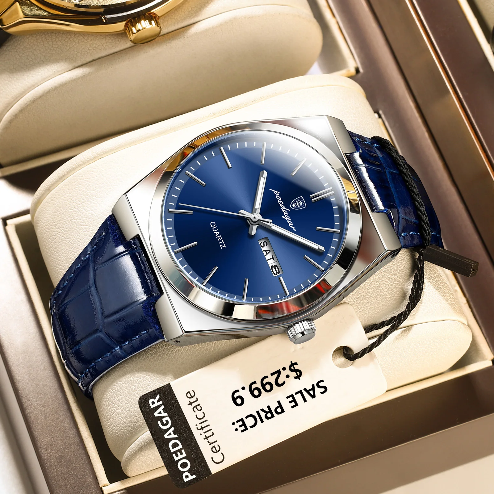 Reloj POEDAGAR de lujo para hombre, Reloj de pulsera militar de cuero para hombre, Reloj de cuarzo, resistente al agua, luminoso, fecha, semana, relojes para hombre, Reloj + caja