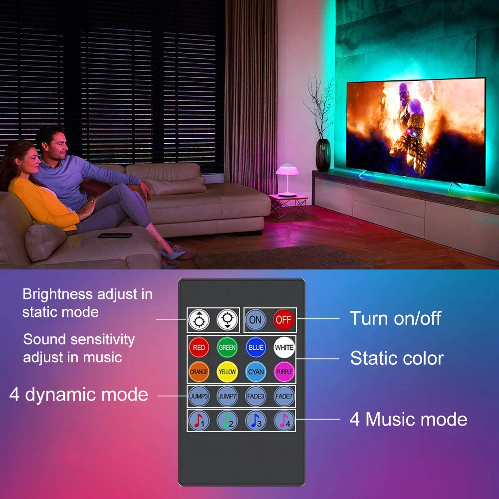 ไฟ LED RGB LED Strip เพลงซิงค์ไฟ LED สําหรับทีวี USB 5V LED เทปริบบิ้นสําหรับ TV Backlight ห้องนอนตกแต่ง