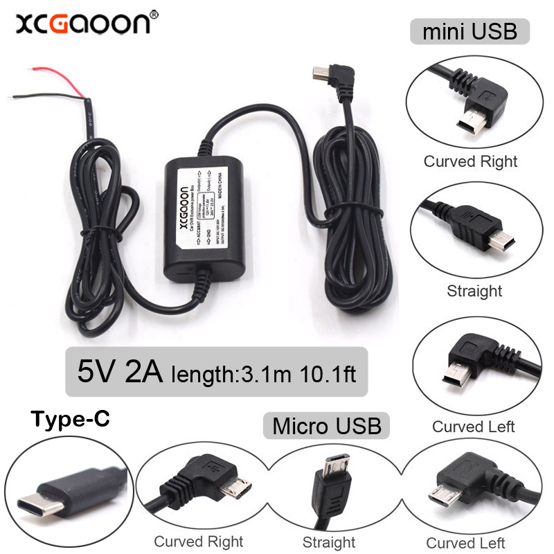 DC 12V Đến 5V 2A 3.1M Xe Cáp Sạc Mini/Micro/Loại C hardwire Dây Sạc Tự Động Cho Dash Cam Máy Quay Xe Đầu Ghi Hình