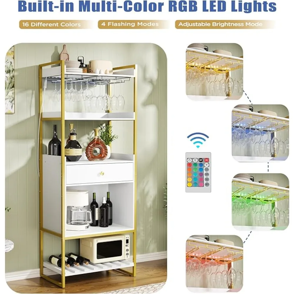 LED Wine Bar Cabinet with Glass Rack and drawer for Home, Dining and Living Room, 67" Liquor Cabinet Wine Rack Storage