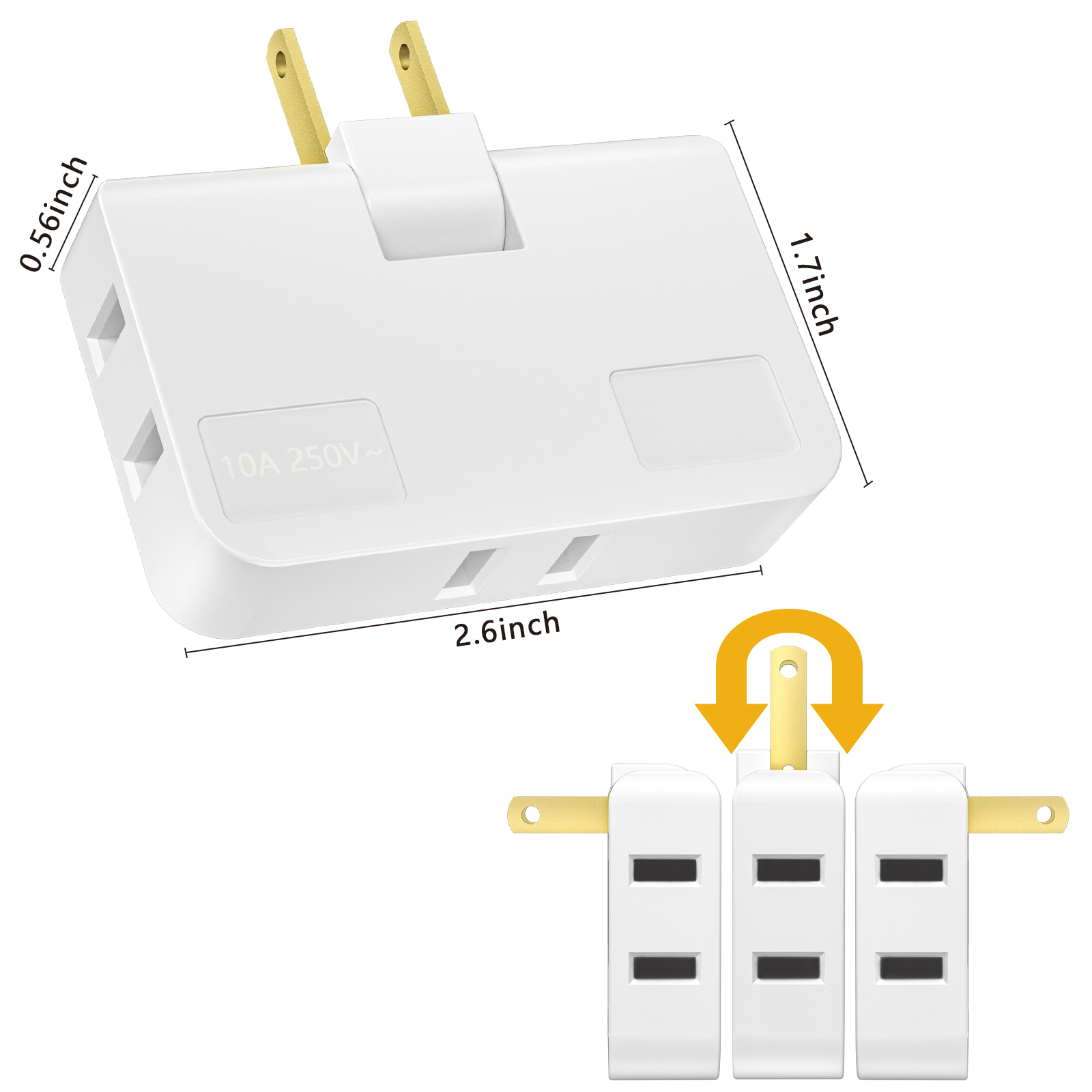 3-in-1 US wall socket, 180-degree rotatable 2-pin power adapter extender, suitable for the United States, Canada and Mexico