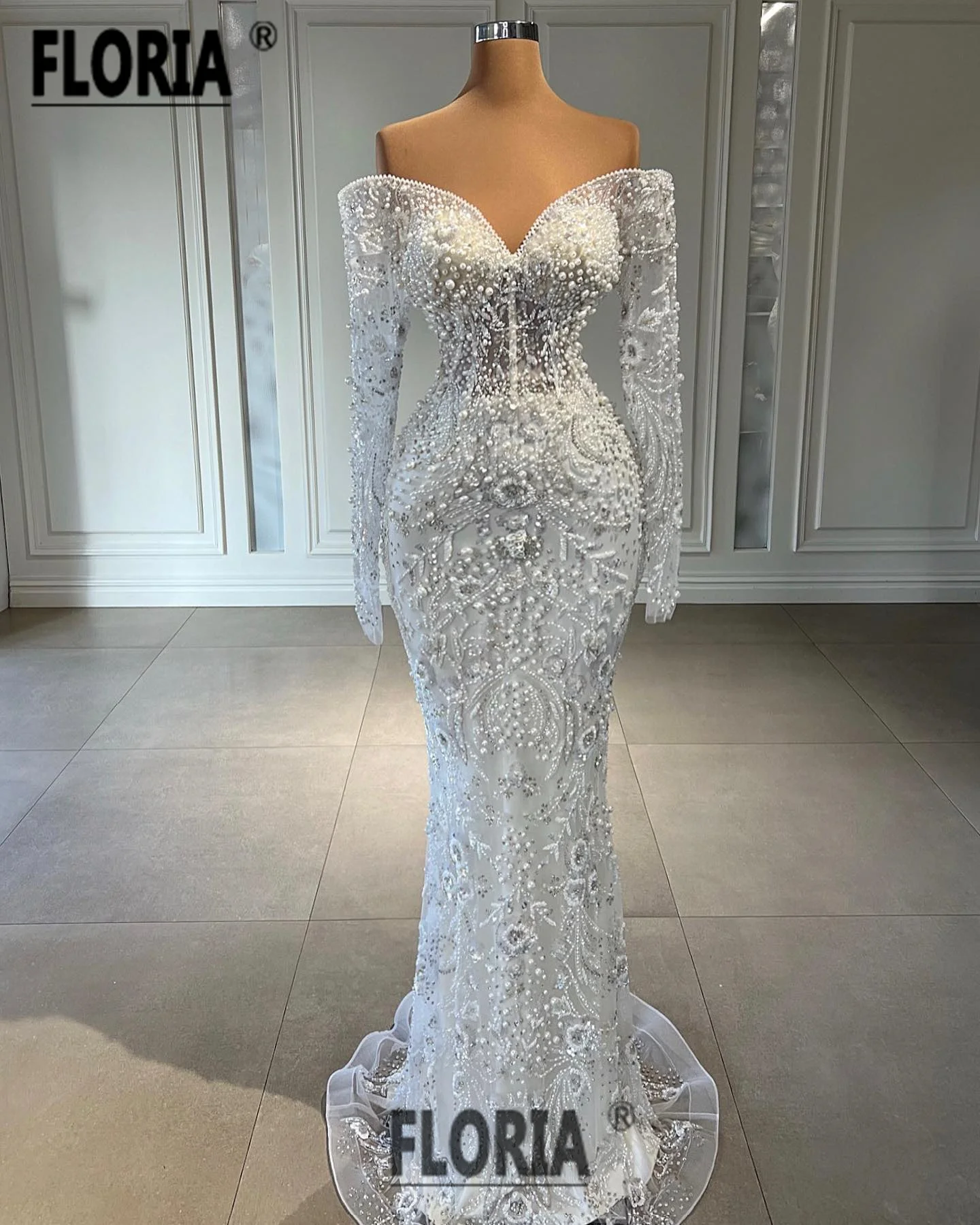 Elegantes, volles Perlen-Kristall-Meerjungfrau-Hochzeits-Abendkleid mit Perlen, schulterfrei, langärmelig, formelles Abendkleid 2023, Robe de Soirée