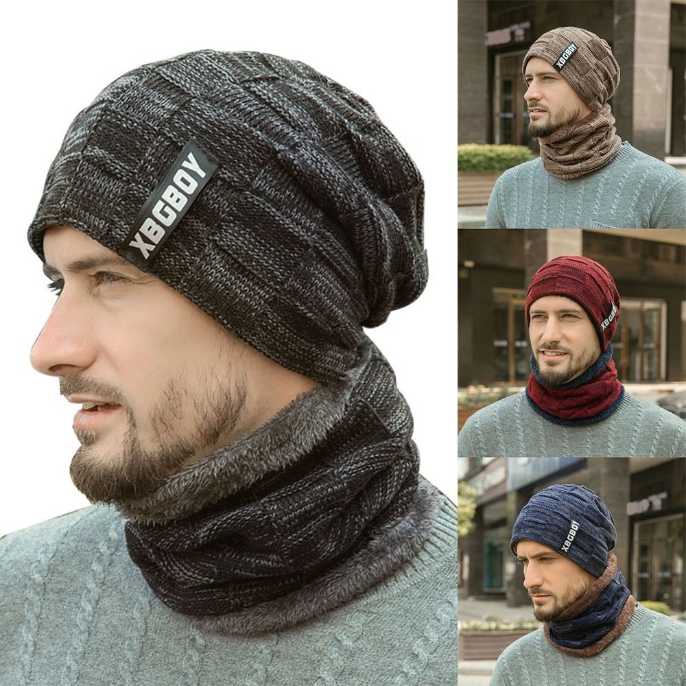 Conjunto de gorro y bufanda de lana gruesa para hombre, calentador de cuello, gorro cálido, gorro de esquí, moda de invierno