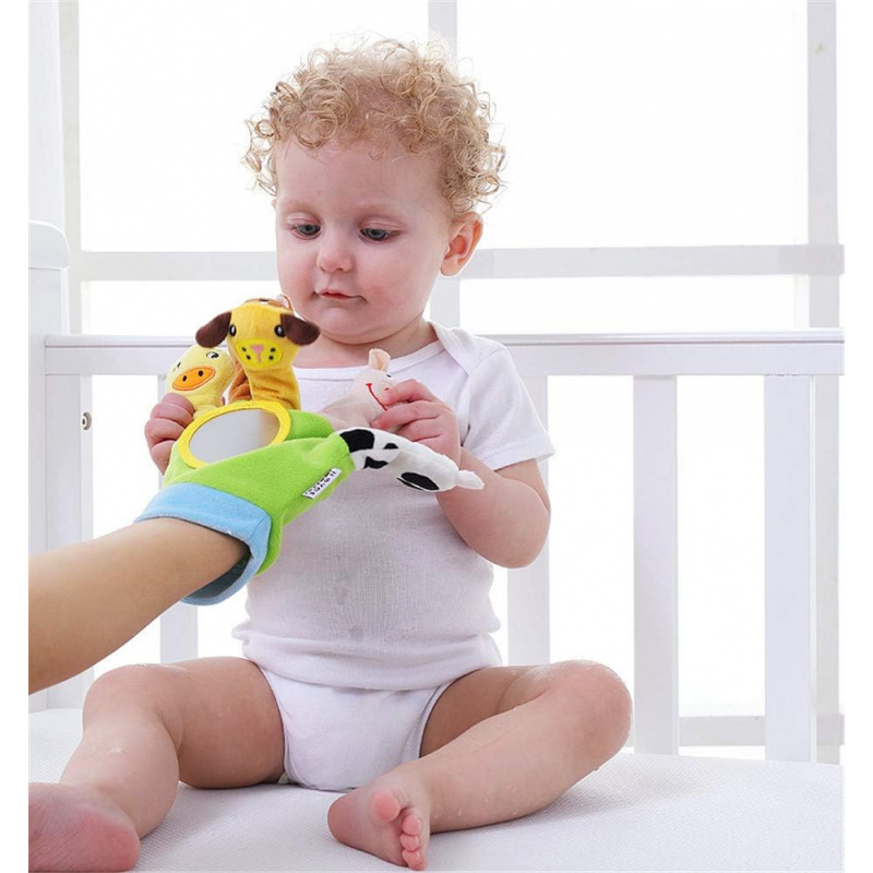 Cartoon Animal Toddler Puppet Plush Finger Toy With Safety Mirror Children Educational Hand Puppet ParentChild Interactive Glove