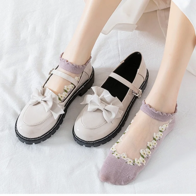 Calcetines tobilleros de encaje de cristal transparente para mujer, calcetines ultrafinos, transpirables, de secado rápido, bonitos calcetines amigables con la piel para primavera y verano