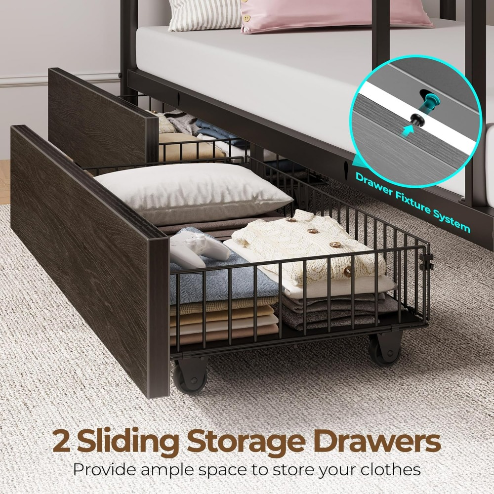 Metal Bunk Bed Full Over Full with USB Charging Station, 2 Storage Drawers, Bed with Safety Guardrail & Ladders, LED Bunk Bed