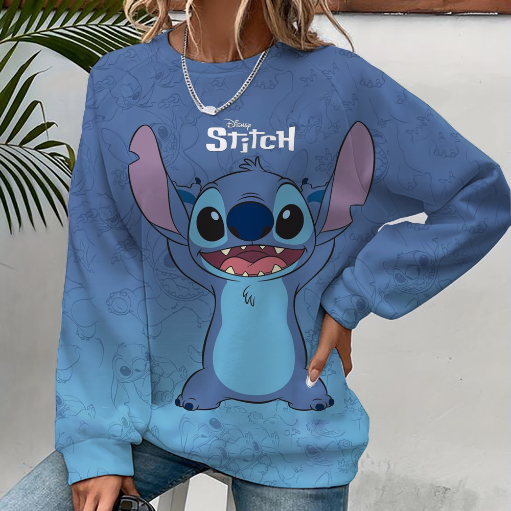 Otoño divertido estampado manga larga Top 2024 nuevo dibujos animados Disney lindo Lilo & Stitch señoras sudadera cuello redondo Jersey suelto
