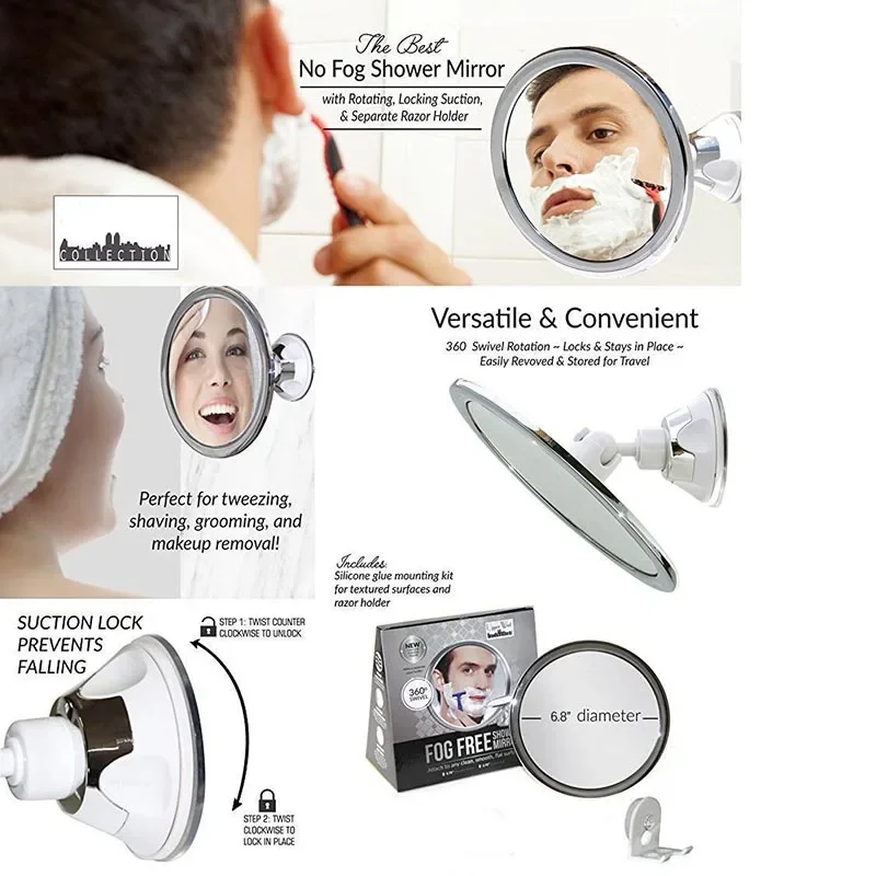 Espejo de maquillaje sin niebla con soporte, ventosa, rotación de 360 grados, espejos redondos de afeitado para ducha, espejos de baño, sin niebla, nuevo