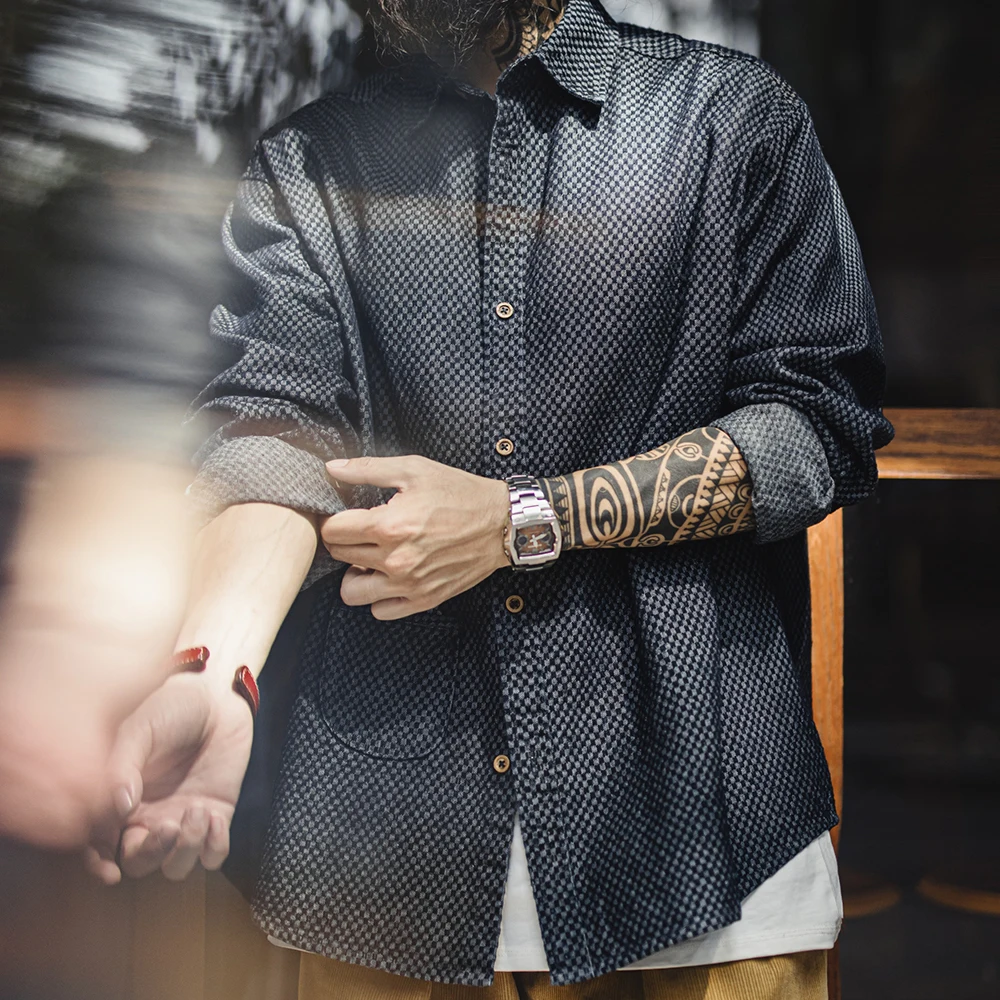 Maden Retro Checkered Long-sleeved Denim Shirt Loose Lapel Single-breasted Jacket for Men Spring and Fall Versatile Outerwear